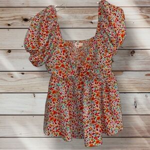 entro Floral Smocked Crop Top in White with Red, Orange & Green Ditsy Print